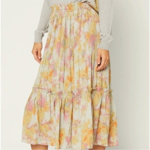 Anthropologie Current Air Midi Skirt Medium Watercolor Pleat Ruffle Boho - Picture 3 of 5